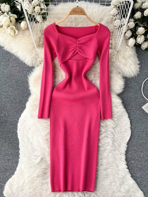 Sexy Cut Out Front Knitted Bodycon Dress Women Fashion Solid Full Slee