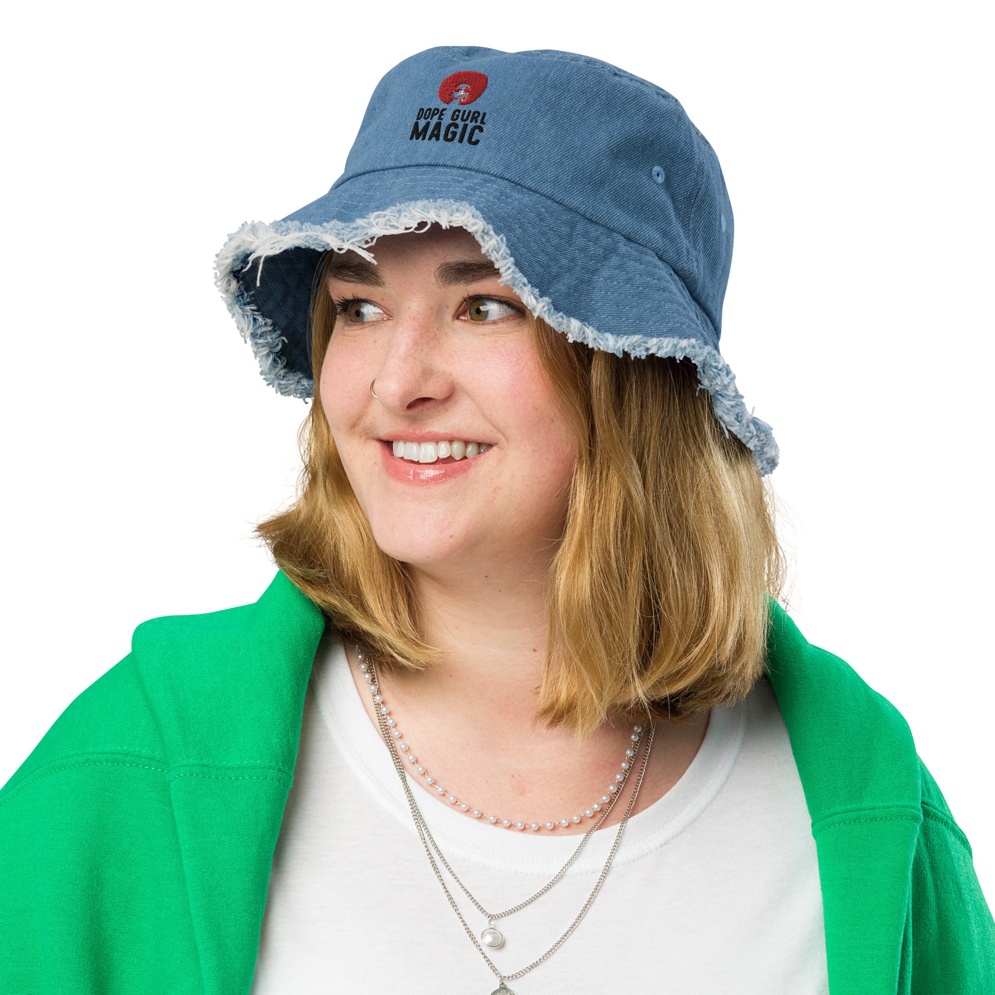 Distressed denim bucket hat